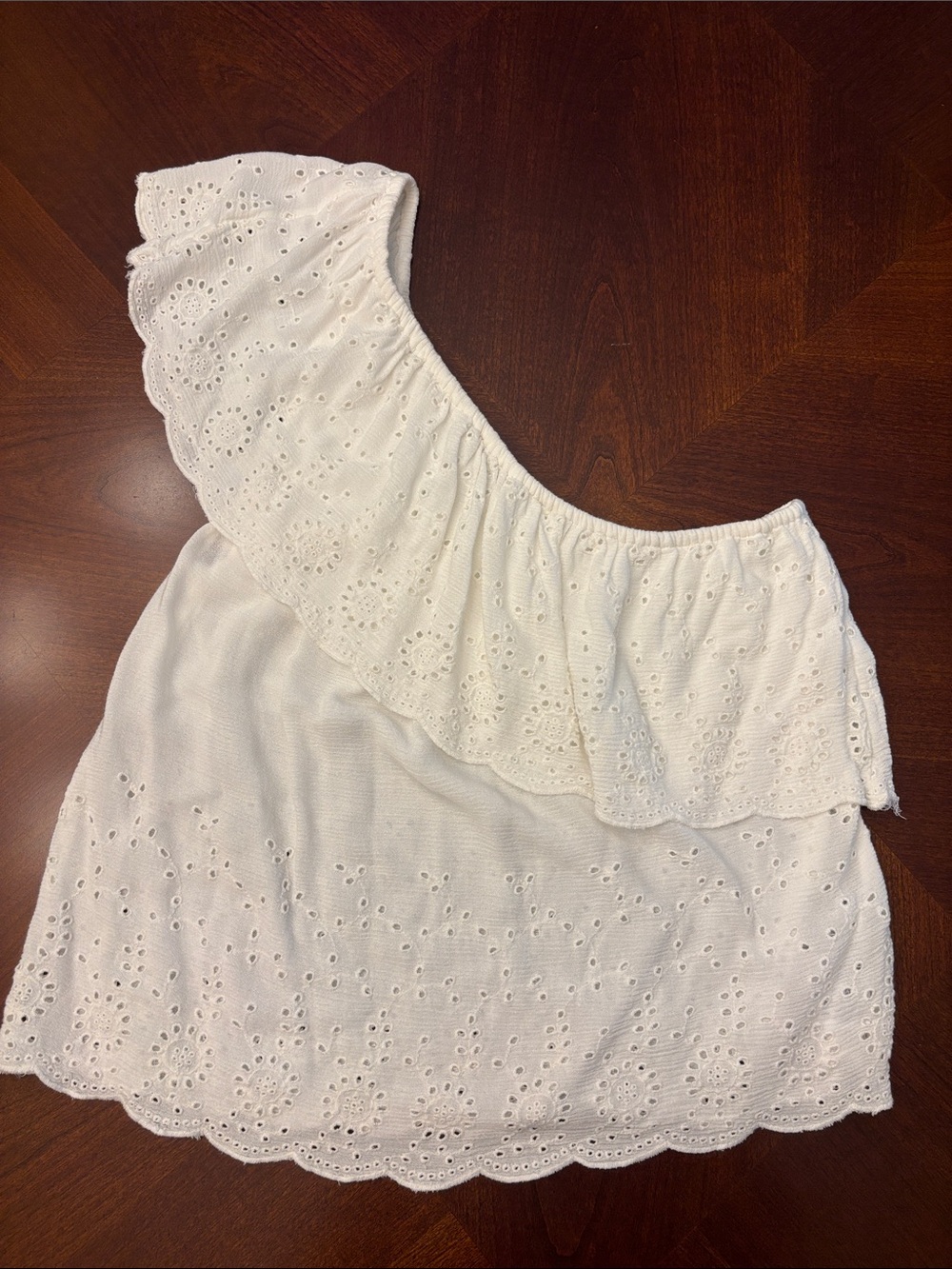 American Eagle Outfitters White One-Shoulder Eyelet Ruffle Crop Top